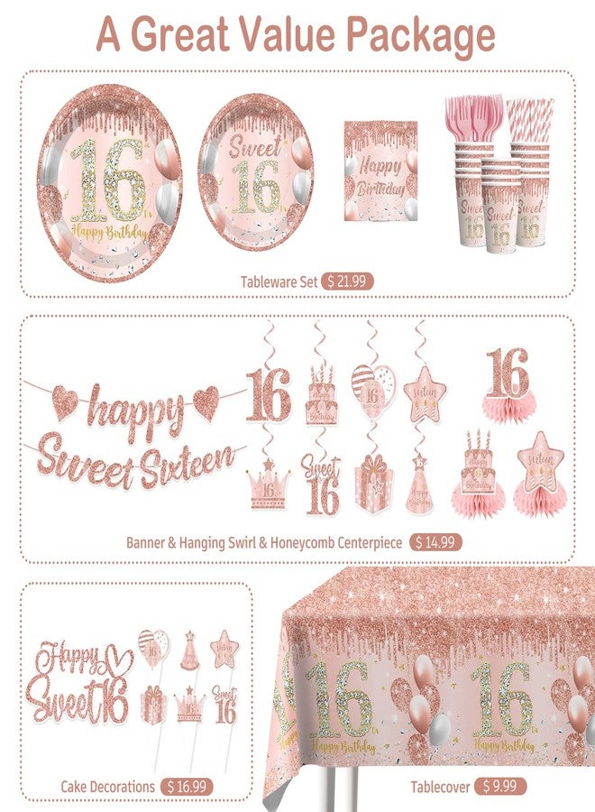 cocomigo Sweet 16 Party Decorations Pink with Cake Topper, 25 Serves 16th Birthday Disposable Tableware Set, with 2pcsTable Cloth, with Cake Topper, Centerpieces, Banner, for Girls Birthday Party - Image 3