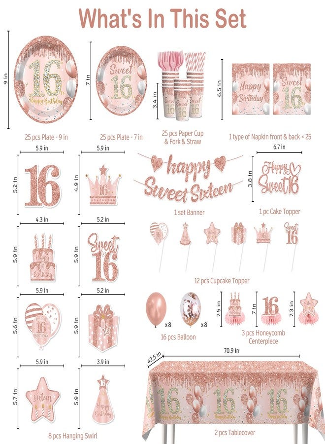 cocomigo Sweet 16 Party Decorations Pink with Cake Topper, 25 Serves 16th Birthday Disposable Tableware Set, with 2pcsTable Cloth, with Cake Topper, Centerpieces, Banner, for Girls Birthday Party - Image 2