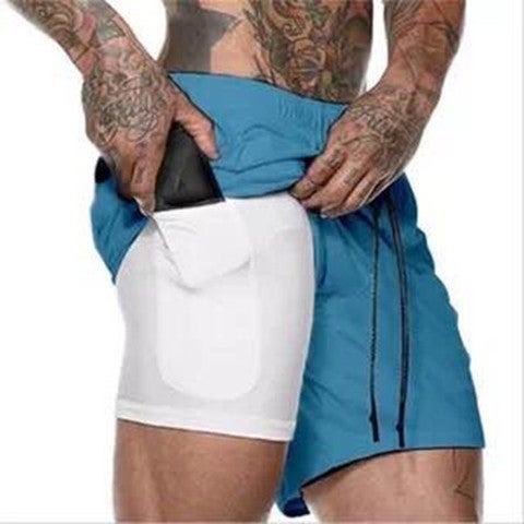 Mens Double-Layer Quick-Dry Running Shorts light blue white background 