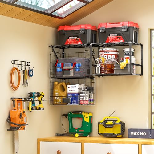 ThreeHio Garage Shelf Wall Mounted with Wire baskets, Heavy Duty Garage Wall Shelving with Garden Tool Rack and Hooks, Wire Shelf Baskets Tool Organizer for Home Garden Yard Organization and Storage - Image 2