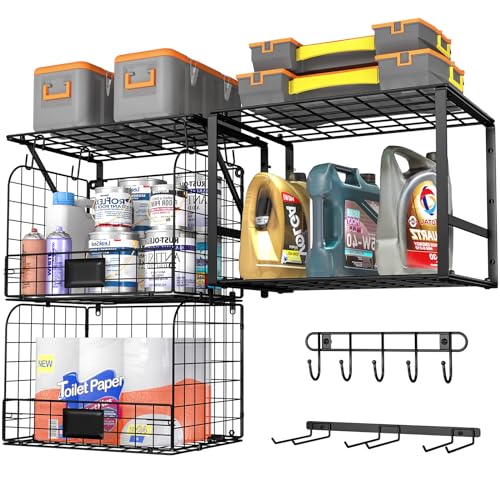 ThreeHio Garage Shelf Wall Mounted with Wire baskets, Heavy Duty Garage Wall Shelving with Garden Tool Rack and Hooks, Wire Shelf Baskets Tool Organizer for Home Garden Yard Organization and Storage - Image 1