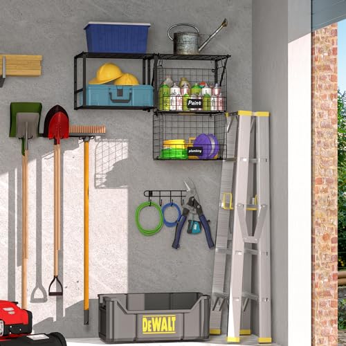 ThreeHio Garage Shelf Wall Mounted with Wire baskets, Heavy Duty Garage Wall Shelving with Garden Tool Rack and Hooks, Wire Shelf Baskets Tool Organizer for Home Garden Yard Organization and Storage - Image 3