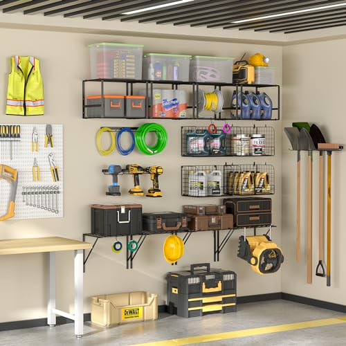 ThreeHio Garage Shelf Wall Mounted with Wire baskets, Heavy Duty Garage Wall Shelving with Garden Tool Rack and Hooks, Wire Shelf Baskets Tool Organizer for Home Garden Yard Organization and Storage - Image 4