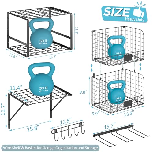 ThreeHio Garage Shelf Wall Mounted with Wire baskets, Heavy Duty Garage Wall Shelving with Garden Tool Rack and Hooks, Wire Shelf Baskets Tool Organizer for Home Garden Yard Organization and Storage - Image 5