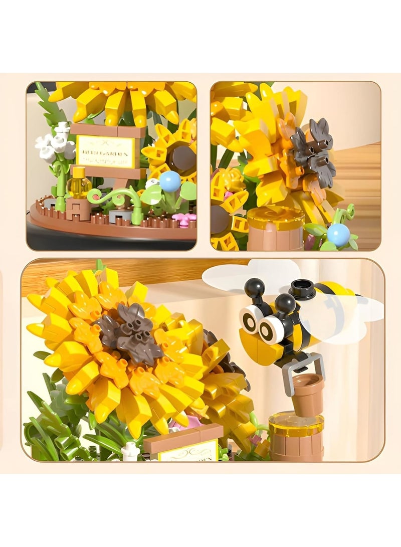 SYOSI Flower Building Set, Micro Bricks Botanical Kit with Bee and Sunflower, Creative Mini Block Flowers and Insects with Transparent Cover, Educational DIY Toy for Adults and Kids Home Decoration, Yellow - Image 4