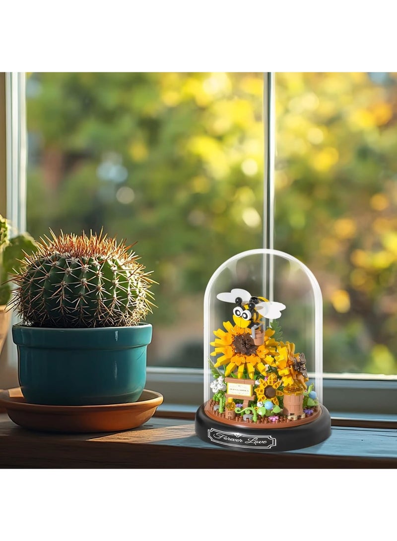 SYOSI Flower Building Set, Micro Bricks Botanical Kit with Bee and Sunflower, Creative Mini Block Flowers and Insects with Transparent Cover, Educational DIY Toy for Adults and Kids Home Decoration, Yellow - Image 3
