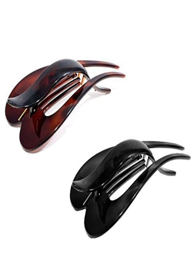 Parcelona French Pelican Shell and Black Celluloid Set of 2 Salon Hinge Hair Claw Clip Slide In Secure Grip Clamp Clutcher - Image 1