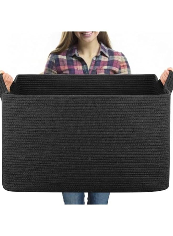 بيوينتي سلة بطانيات كبيرة للغاية من سينكسي، سلة تخزين منسوجة لغرفة المعيشة، تخزين بطانيات الحضانة، سلة تخزين مستطيلة للالعاب والمناشف والملابس المتسخة، 23.6 انش × 16.5 انش × 13.8 انش (اسود) - Image 1