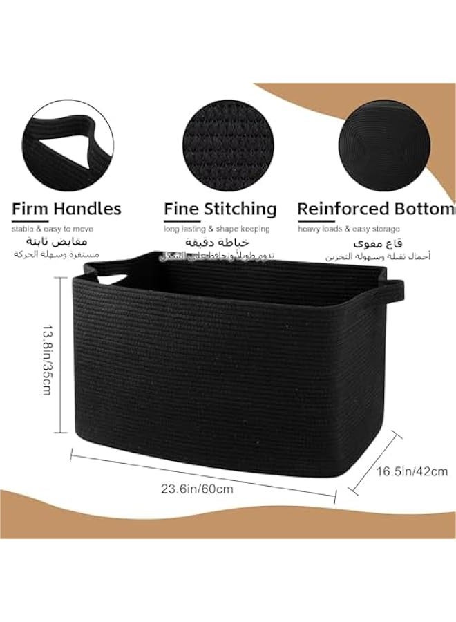 بيوينتي سلة بطانيات كبيرة للغاية من سينكسي، سلة تخزين منسوجة لغرفة المعيشة، تخزين بطانيات الحضانة، سلة تخزين مستطيلة للالعاب والمناشف والملابس المتسخة، 23.6 انش × 16.5 انش × 13.8 انش (اسود) - Image 2