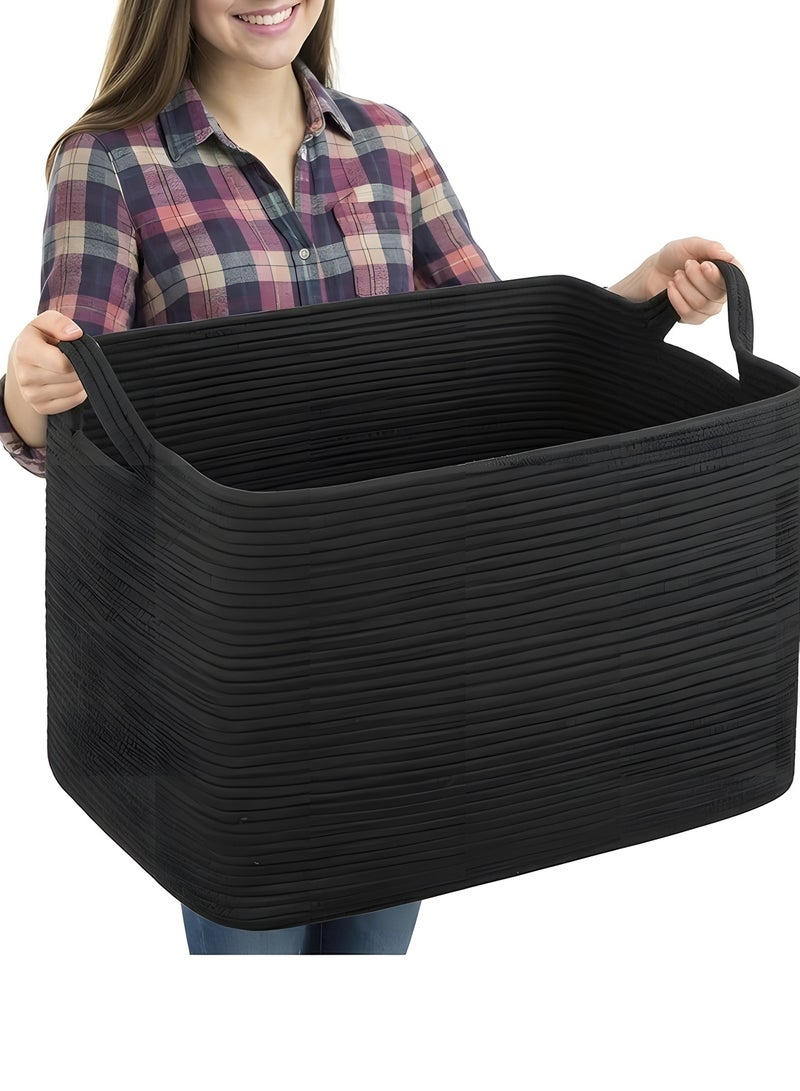 Beauenty Extra Large Blanket Basket, Woven Storage Basket for Living Room, Nursery Blanket Storage, Rectangle Storage Basket for Toys, Towels, Dirty Clothes Basket, 23.6 x 16.5 x 13.8 (Black) - Image 1