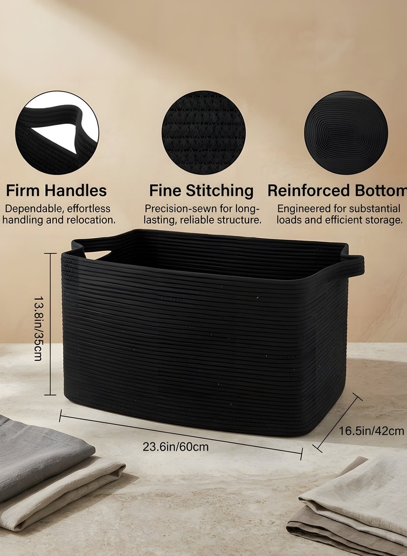 Beauenty Extra Large Blanket Basket, Woven Storage Basket for Living Room, Nursery Blanket Storage, Rectangle Storage Basket for Toys, Towels, Dirty Clothes Basket, 23.6 x 16.5 x 13.8 (Black) - Image 2