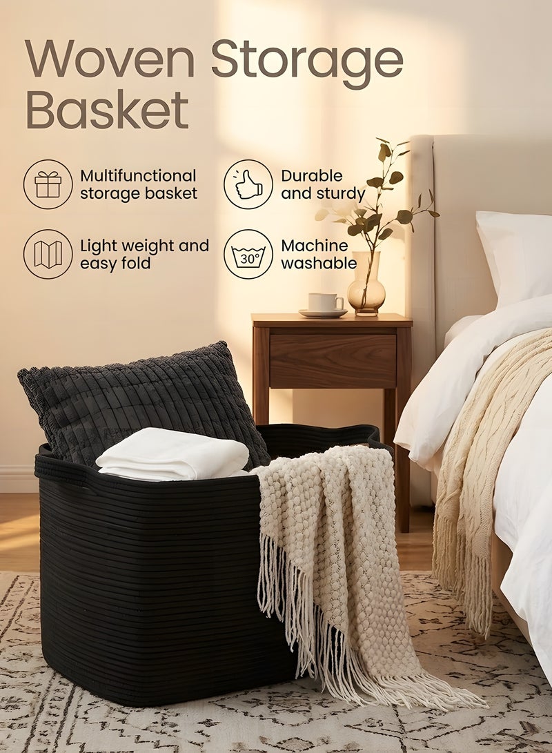 Beauenty Extra Large Blanket Basket, Woven Storage Basket for Living Room, Nursery Blanket Storage, Rectangle Storage Basket for Toys, Towels, Dirty Clothes Basket, 23.6 x 16.5 x 13.8 (Black) - Image 3