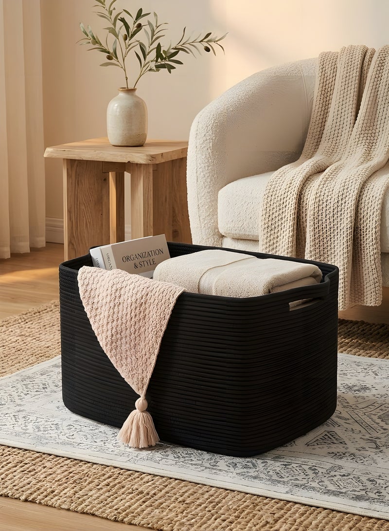 Beauenty Extra Large Blanket Basket, Woven Storage Basket for Living Room, Nursery Blanket Storage, Rectangle Storage Basket for Toys, Towels, Dirty Clothes Basket, 23.6 x 16.5 x 13.8 (Black) - Image 5