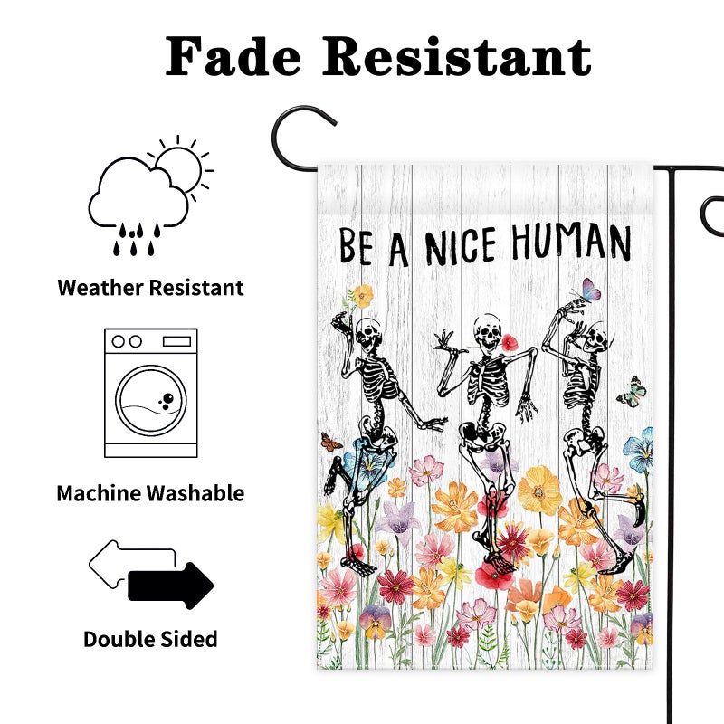 Avezano Be A Nice Human Garden Flag Skeleton Skull Wildflower Outdoor Yard Flag Spring and Summer Floral Flag for Garden Decor Funny Outdoor Flag 12x18 Inch - Image 3