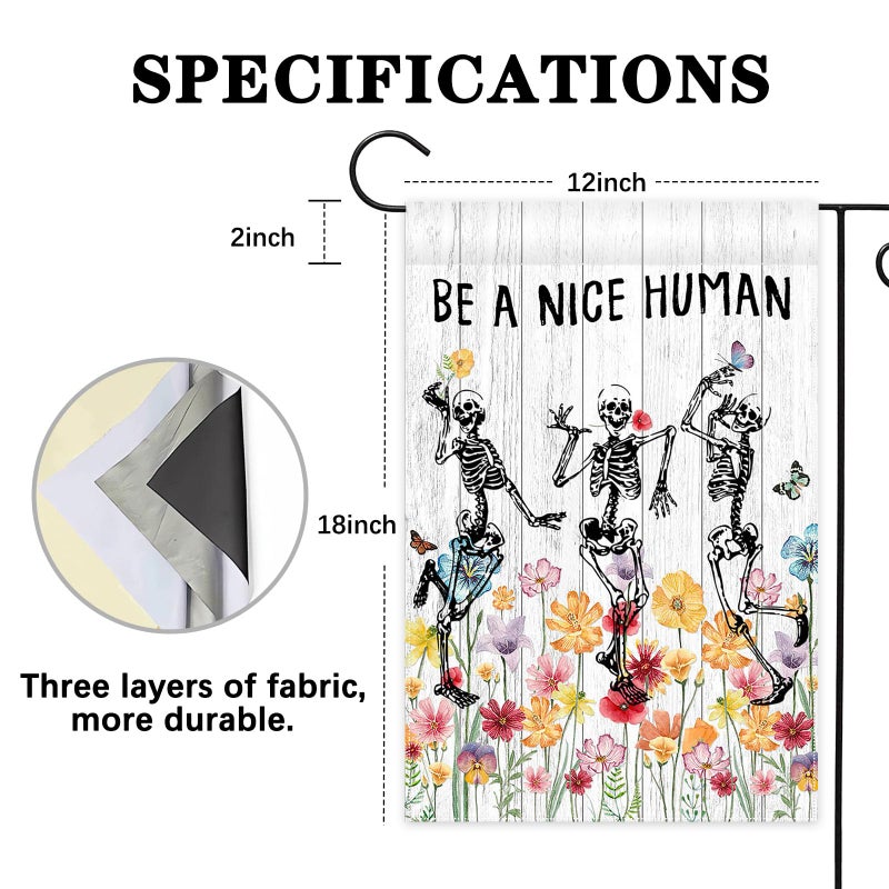 Avezano Be A Nice Human Garden Flag Skeleton Skull Wildflower Outdoor Yard Flag Spring and Summer Floral Flag for Garden Decor Funny Outdoor Flag 12x18 Inch - Image 2