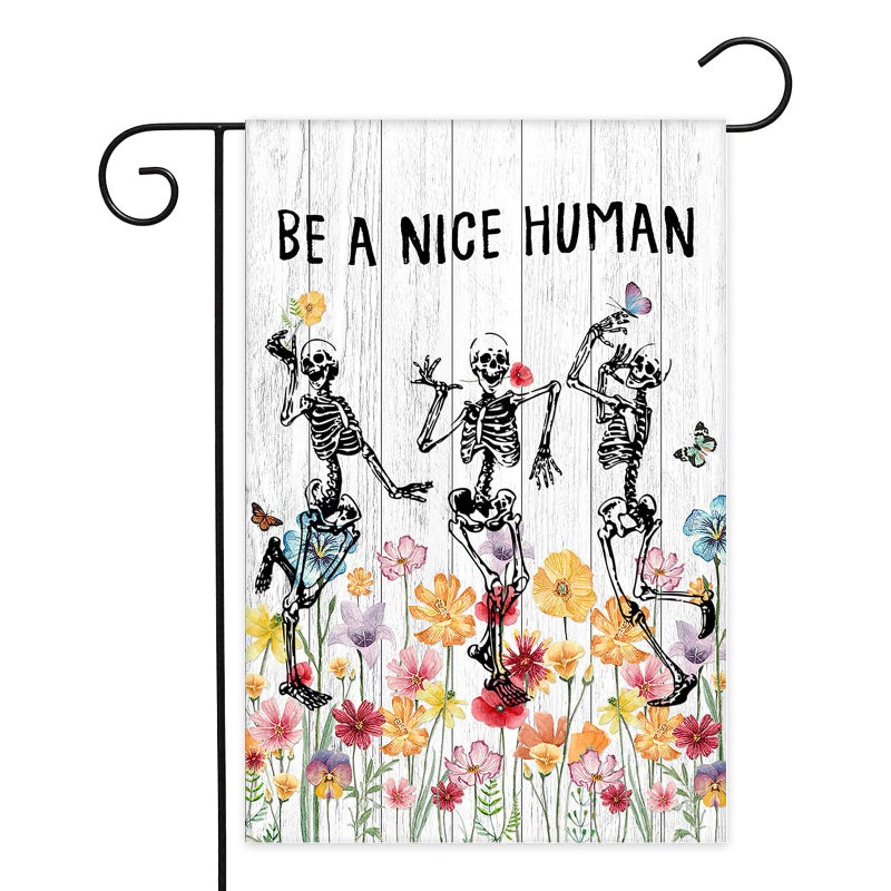 Avezano Be A Nice Human Garden Flag Skeleton Skull Wildflower Outdoor Yard Flag Spring and Summer Floral Flag for Garden Decor Funny Outdoor Flag 12x18 Inch - Image 1