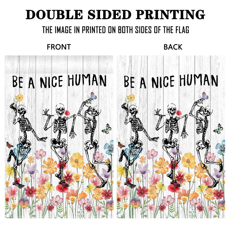 Avezano Be A Nice Human Garden Flag Skeleton Skull Wildflower Outdoor Yard Flag Spring and Summer Floral Flag for Garden Decor Funny Outdoor Flag 12x18 Inch - Image 4