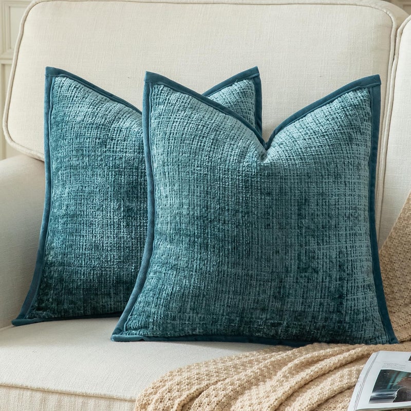 Yaertun Pack of 2 Chenille Textured Decorative Throw Pillow Covers Accent Solid Cushion Cover Soft Cozy Pillow Case with Velvet Back for Couch Sofa Bed Living Room 18x18 Inch Lake Blue - Image 1