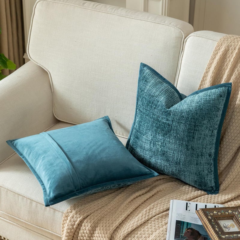 Yaertun Pack of 2 Chenille Textured Decorative Throw Pillow Covers Accent Solid Cushion Cover Soft Cozy Pillow Case with Velvet Back for Couch Sofa Bed Living Room 18x18 Inch Lake Blue - Image 2