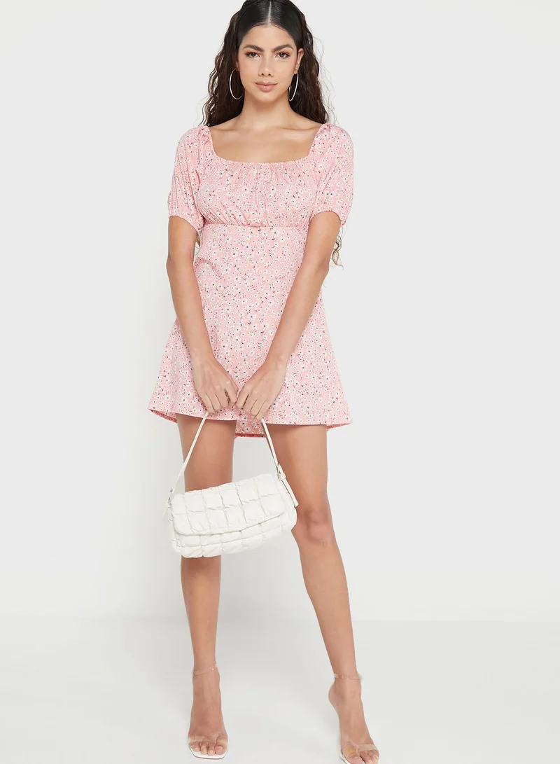 boohoo Puff Sleeve Floral Printed Dress