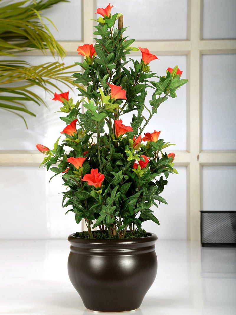 Fourwalls Premium Range Artificial Morning Glory Plant with Stylish Ceramic Vase (50 cm Tall, Orange) - Image 1