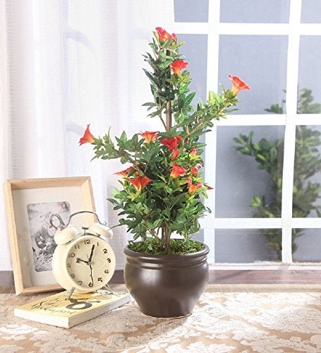 Fourwalls Premium Range Artificial Morning Glory Plant with Stylish Ceramic Vase (50 cm Tall, Orange) - Image 5