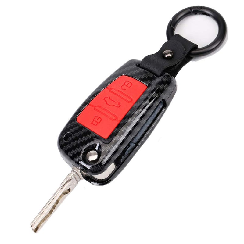 SANRILY Carbon Fiber Pattern Key Fob Cover Case for Audi A3 A6 Q3 Q7 S6 Keyless Entry Key Holder Folding Flip Key Protector Shell with Keychain Red