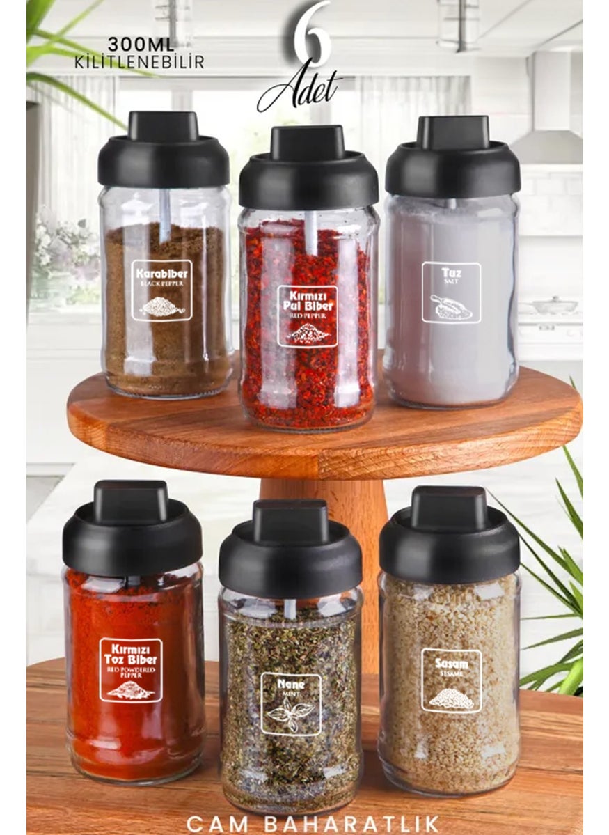 Kitchen Life 6 Piece Spice Jar Set with Locked Lid and Glass Spoon - 300 ml - Lockey Spice Bowl  - Image 1