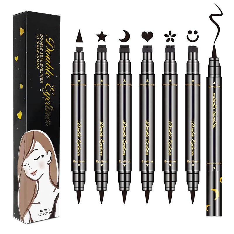 LOKFAR 6 Pcs DoubleSide Liquid Eyeliner Stamp Pen Set Eye Liners for Women Waterproof Eyeliner Pencil Black Eyeliner Stencils LongLasting Tattoo MakeupTriangleStarMoonHeartFlowerSmiley