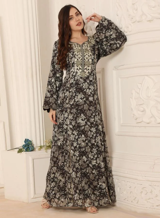 مكسيم كريشن جلابية بياقة بتطريز خيوط وطبعة أزهار