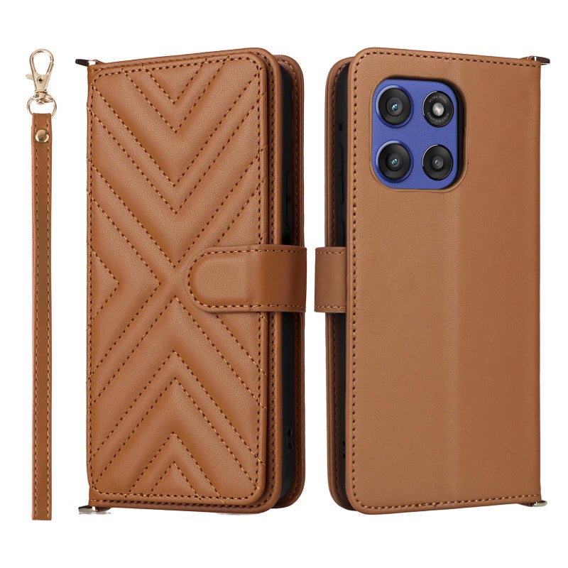 BURAQ Case Cover For Motorola Edge 60 Stylus Multifunctional 6-Card Slots Leather Phone Case with Wrist Strap(Brown) - Image 1