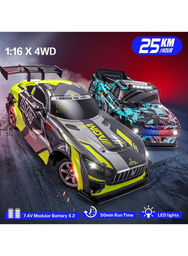 Limit 1:16 Scale RC Drift Car – 25KM/H High Speed 4WD Remote Control Car for Kids Age 3+ & Adults, 2.4GHz Controller, Dual 7.4V Batteries, LED Lights, Extra Drift & Normal Tires, Strong Motor, Fully Enclosed Shell, Interchangeable Wheels, Off-Road Racing Toy, Birthday Gift for Boys & Girls, Green - Image 2