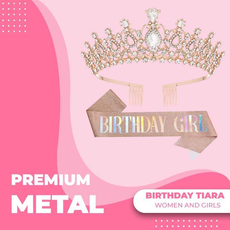 Papoopy Birthday Tiara and Crown with Sash for Women, Hair Accessories for Wedding Party Costume (B - Rose) - Image 2