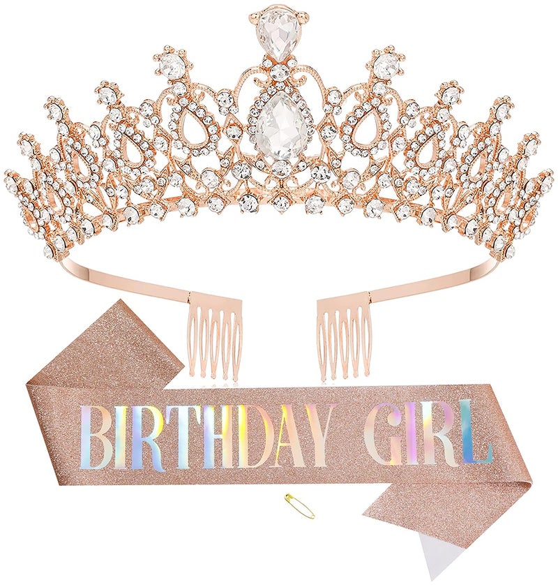 Papoopy Birthday Tiara and Crown with Sash for Women, Hair Accessories for Wedding Party Costume (B - Rose) - Image 1