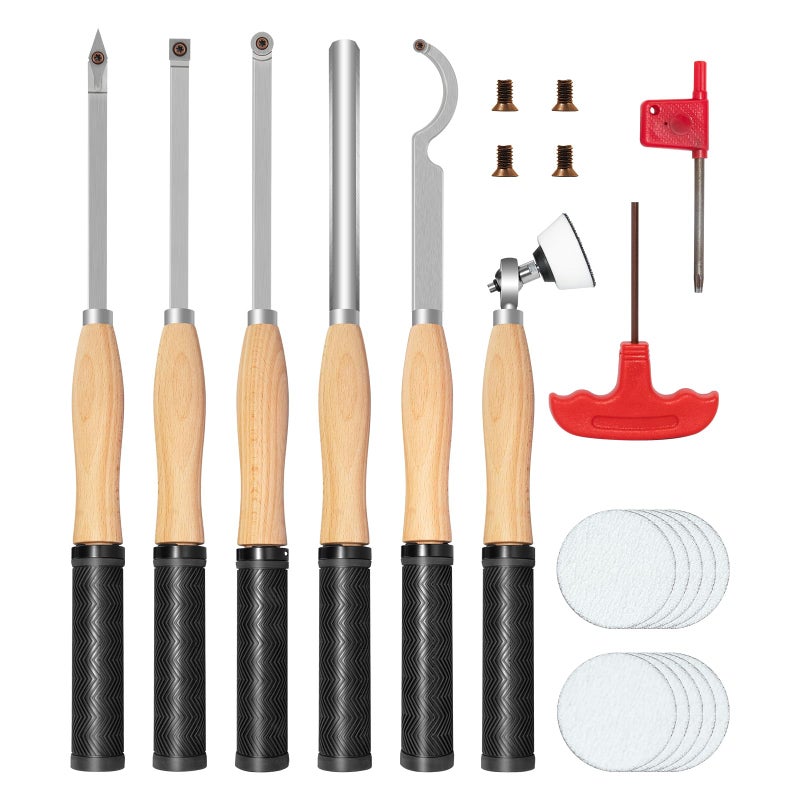 DEEFIINE Carbide Tipped Wood Lathe Turning Tools Set with Bowl sander Lathe Rougher And Finisher Swan Neck Hollowing Tools With 4pcs Carbide Inserts for woodturning6pcs