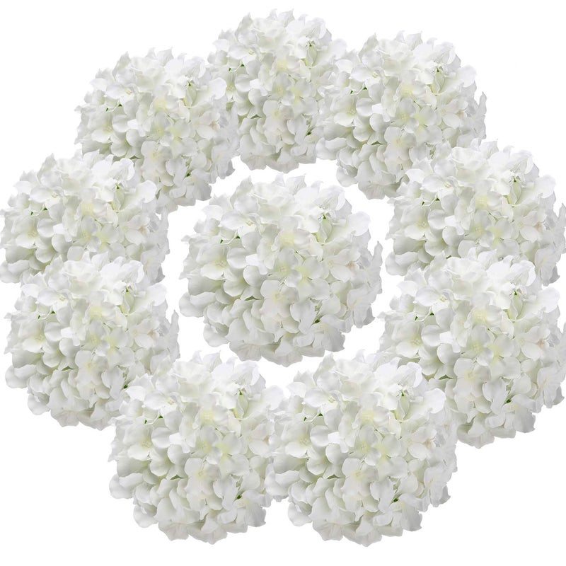 Flojery Silk Hydrangea Heads Artificial Flowers Heads with Stems for Home Wedding Decor,Pack of 10 (White) - Image 1