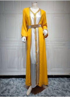 Loquat Ladies Chiffon Robe Long Dress 3-Piece Set Outer Robe+Inner Skirt+Waist Belt Muslim Abaya Evening Dress Yellow  - Image 2