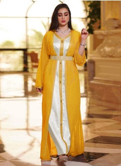 Loquat Ladies Chiffon Robe Long Dress 3-Piece Set Outer Robe+Inner Skirt+Waist Belt Muslim Abaya Evening Dress Yellow  - Image 1