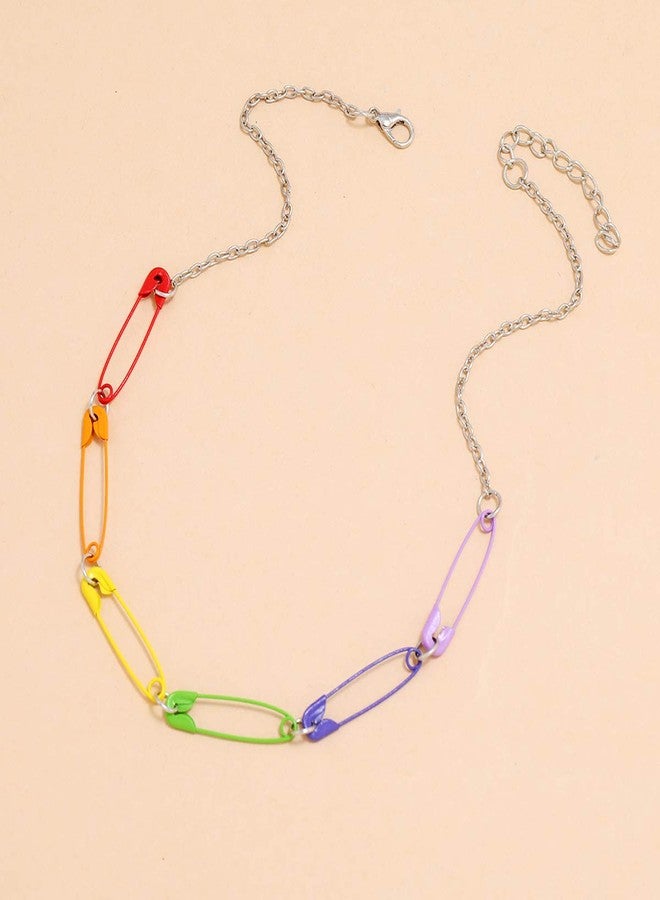 WLL Colorful Paperclip Safety Pin Choker Necklace for Women(A:Rainbow) - Image 4