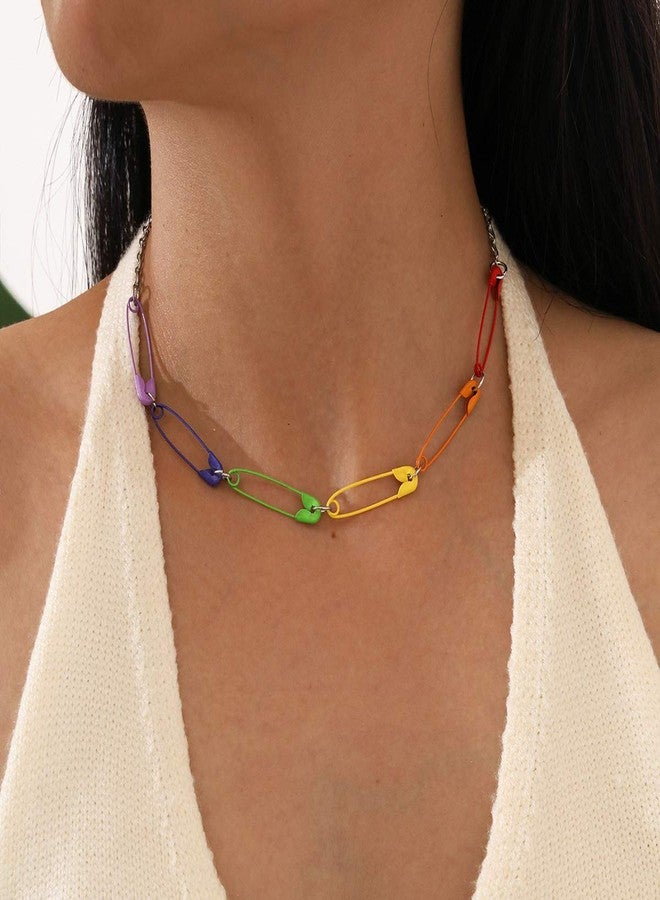 WLL Colorful Paperclip Safety Pin Choker Necklace for Women(A:Rainbow) - Image 2