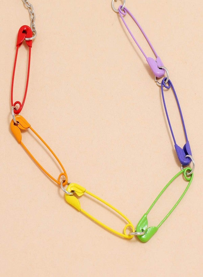 WLL Colorful Paperclip Safety Pin Choker Necklace for Women(A:Rainbow) - Image 5