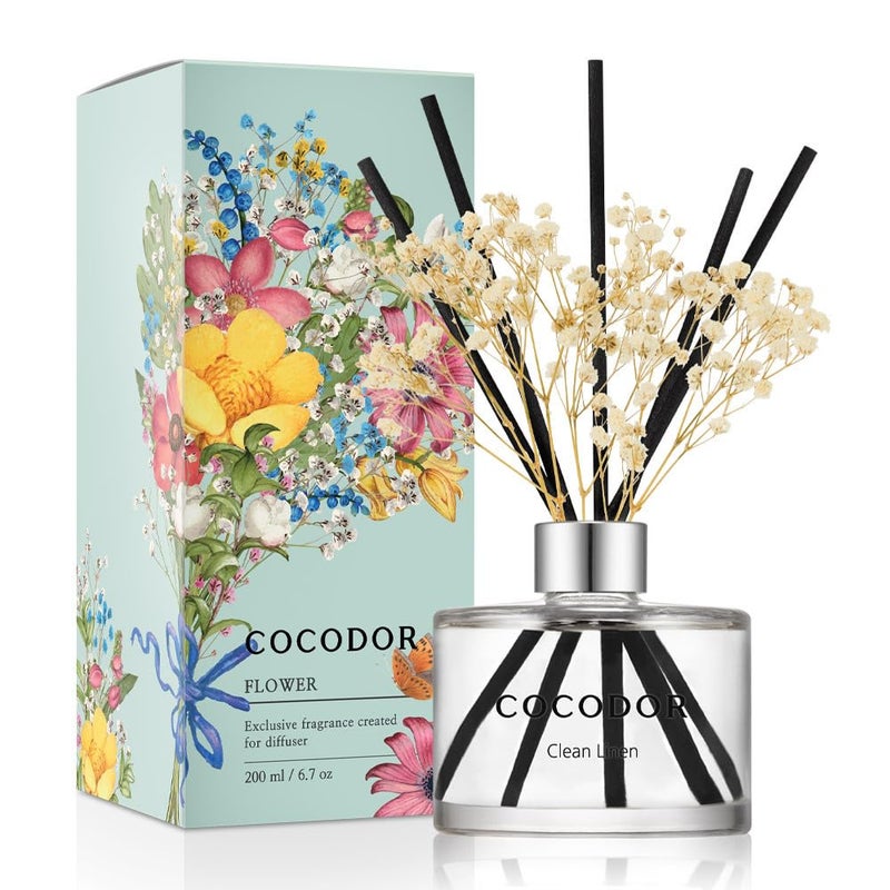Cocodor Flower Reed Diffuser Set / 6.7Oz / Clean Linen/Scent Diffuser With Sticks Home Fragrance Reed Diffuser For Bathroom Shelf Decor - Image 1