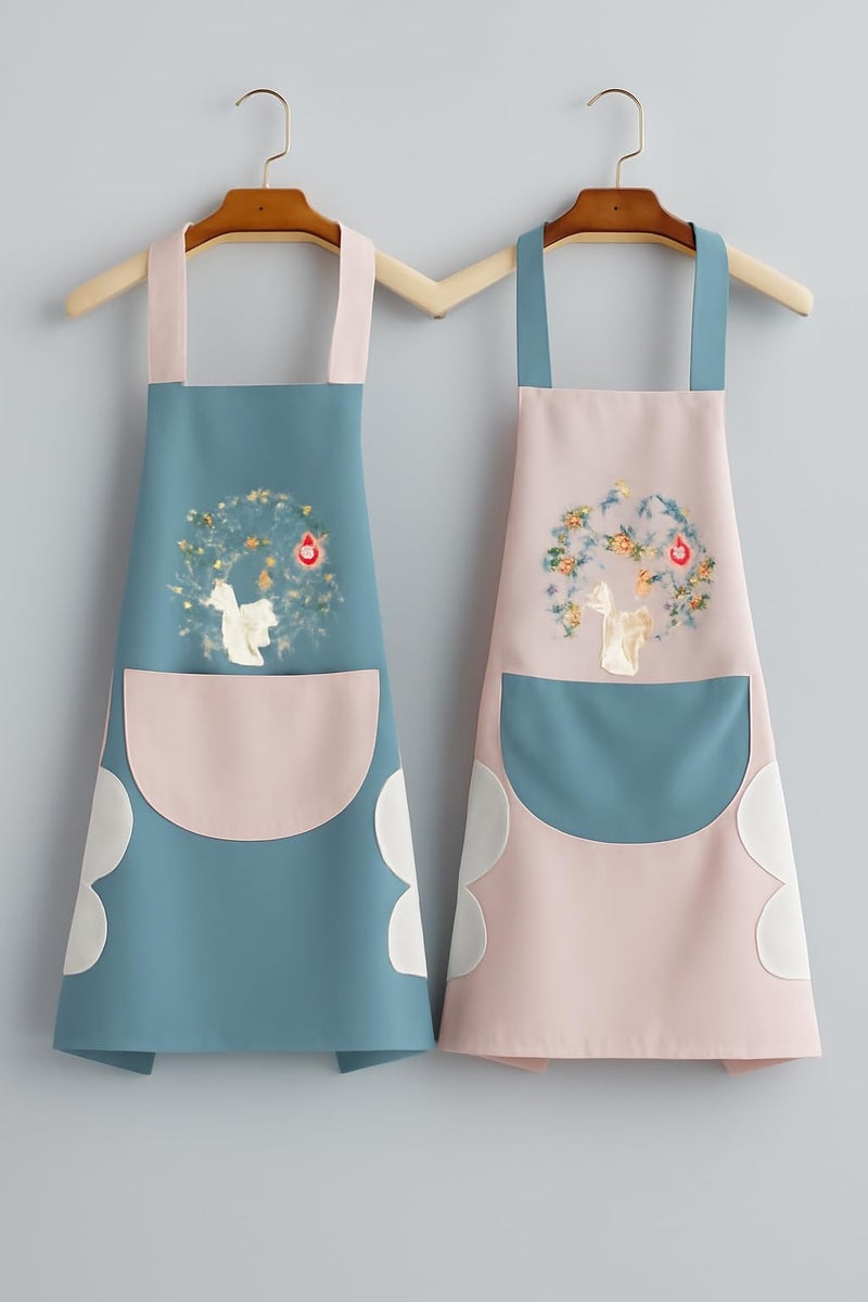 curve creation Waterproof Kitchen Apron For Women Comfortable Wear-resistant Chef Apron For Cooking Washable PVC Apron With Center Pocket Hand Towel Women And Men Chef Cooking (Blue + Pink) - Image 1