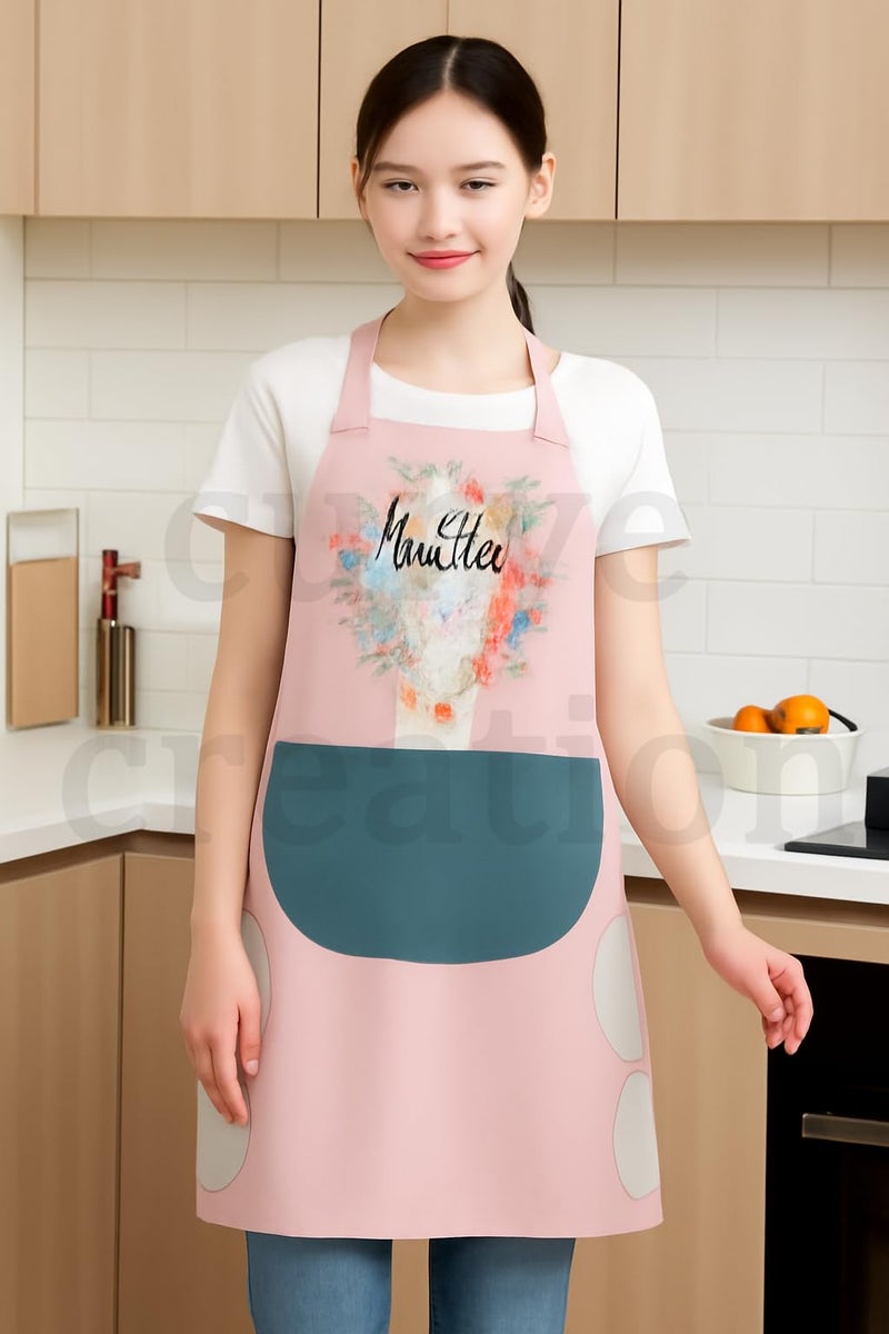 curve creation Waterproof Kitchen Apron For Women Comfortable Wear-resistant Chef Apron For Cooking Washable PVC Apron With Center Pocket Hand Towel Women And Men Chef Cooking (Blue + Pink) - Image 4