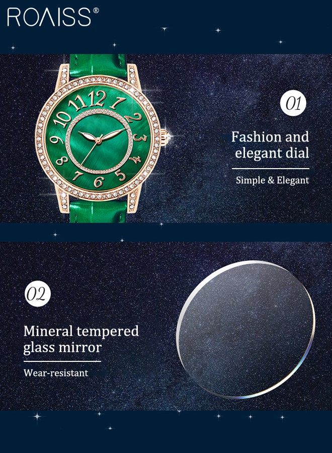 رويس ساعة كوارتز بحزام جلدي للنساء، شاشة تناظرية، قرص دائري، إطار مزين بأحجار الراين، مقاومة للماء، ساعة يد أنيقة كهدية للسيدات، باللون الأخضر - Image 5