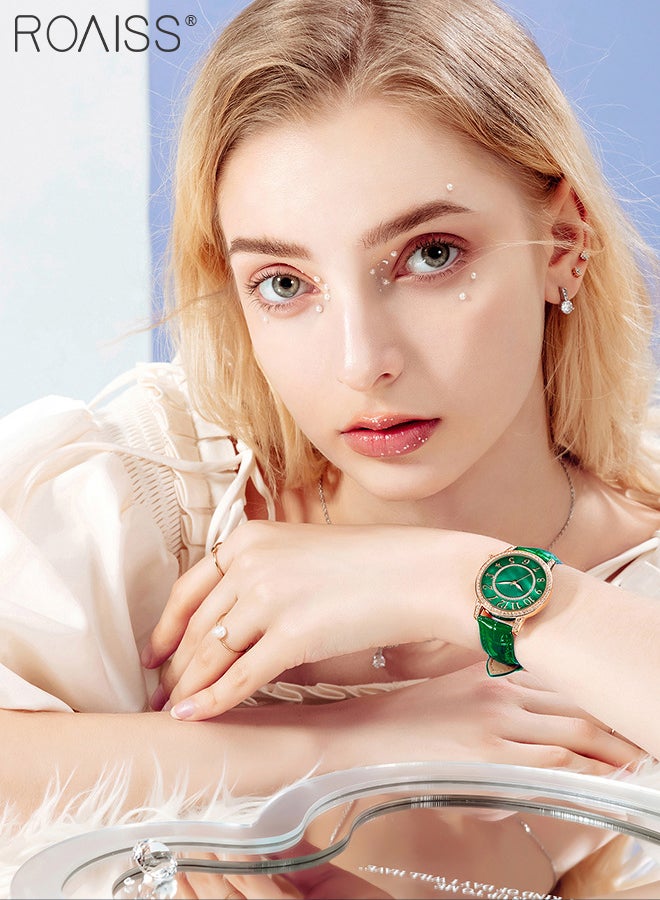 رويس ساعة كوارتز بحزام جلدي للنساء، شاشة تناظرية، قرص دائري، إطار مزين بأحجار الراين، مقاومة للماء، ساعة يد أنيقة كهدية للسيدات، باللون الأخضر - Image 2