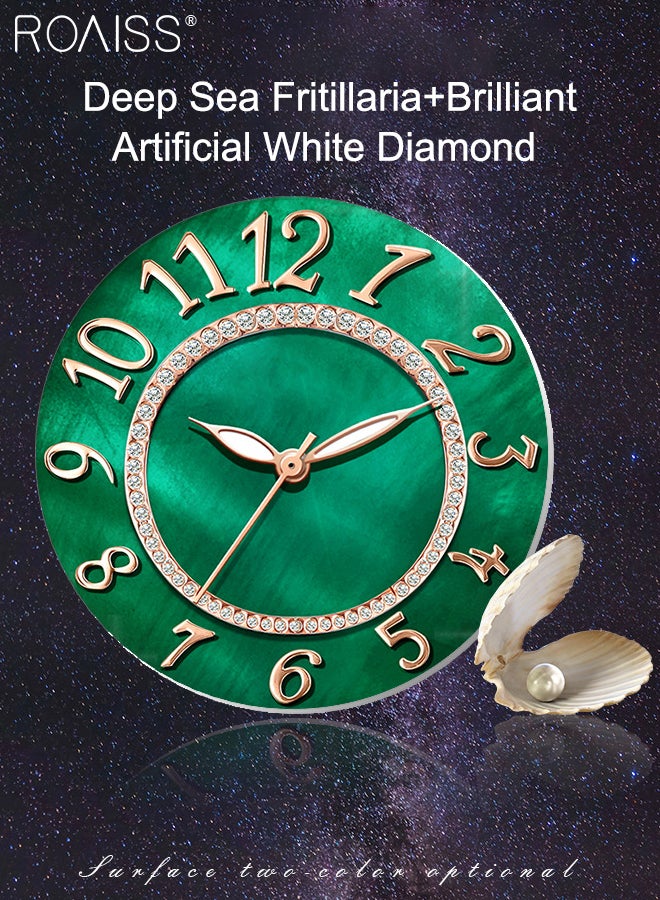 رويس ساعة كوارتز بحزام جلدي للنساء، شاشة تناظرية، قرص دائري، إطار مزين بأحجار الراين، مقاومة للماء، ساعة يد أنيقة كهدية للسيدات، باللون الأخضر - Image 4