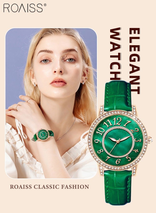 رويس ساعة كوارتز بحزام جلدي للنساء، شاشة تناظرية، قرص دائري، إطار مزين بأحجار الراين، مقاومة للماء، ساعة يد أنيقة كهدية للسيدات، باللون الأخضر - Image 1
