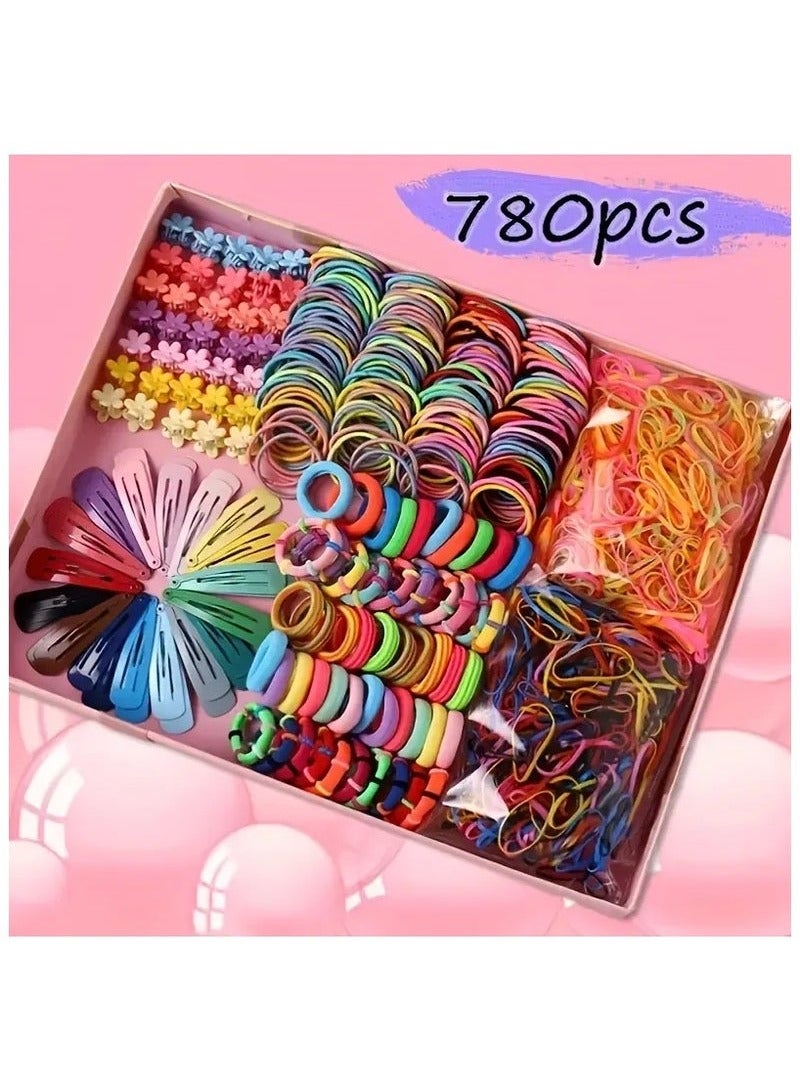 أخبار 780pcs Girls Barrette Hair Tie مجموعة ملونة ذيل حصان مشبك شريط المطاط مع مجموعة آيس كريم باريت الشعر - Image 1