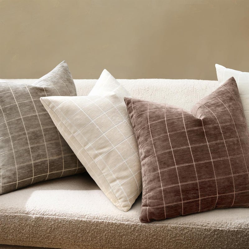 MIULEE Decorative Chenille Check Throw Pillow Covers Vintage Plaid Couch Pillows 18x18 Inch Set of 2 Neutral Boho Farmhouse Cushion Covers Modern Home Decor for Sofa Bed Living Room Reddish Brown - Image 3